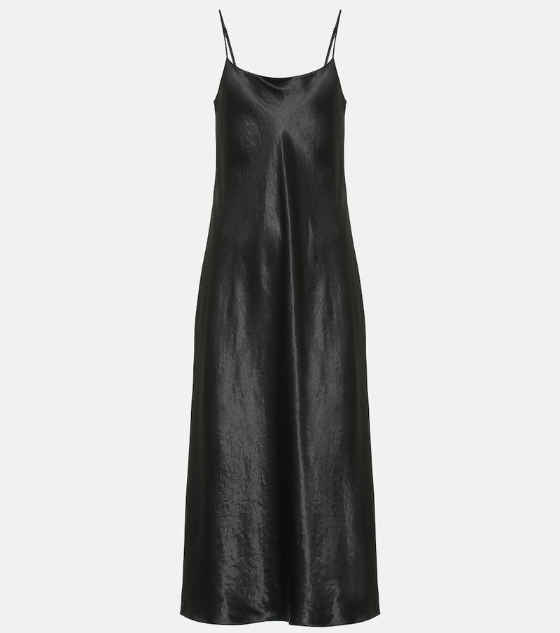 Vince Satin slip dress — black satin slip dress, front ghost-mannequin view showing draped silhouette