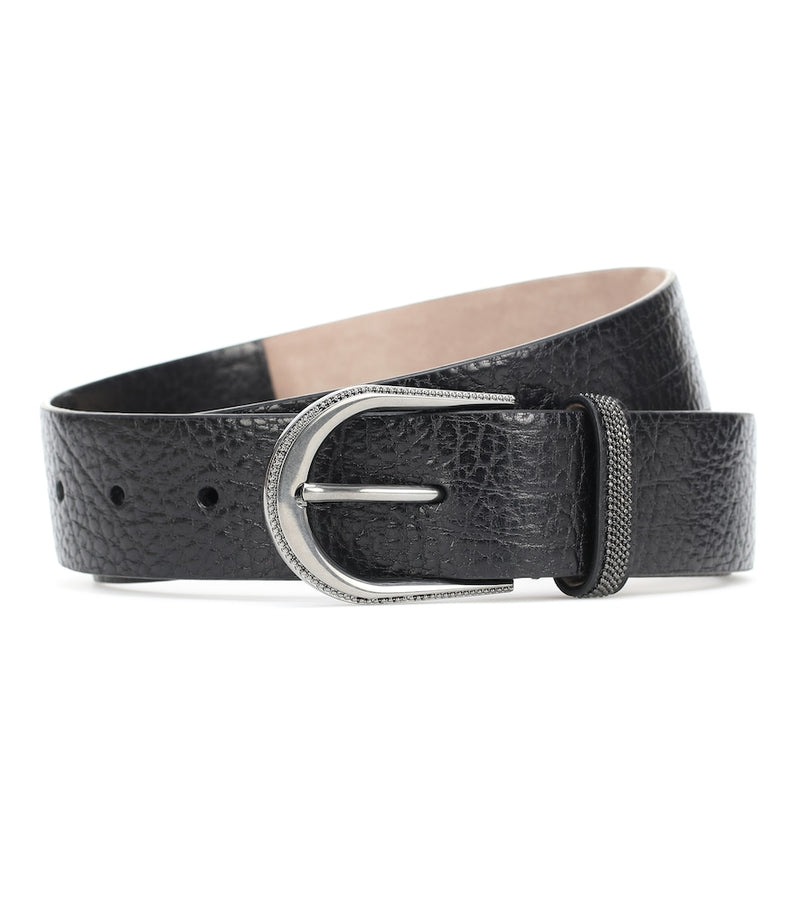 Brunello Cucinelli Embellished leather belt — coiled black leather belt showing crystal-embellished buckle detail