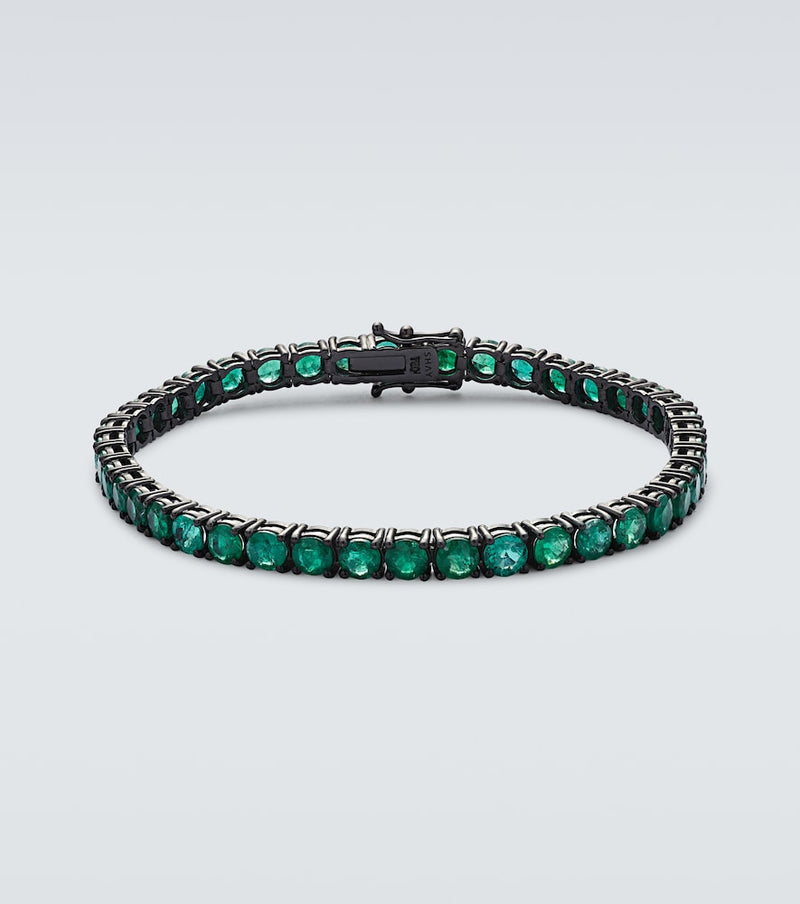 Shay Jewelry 18kt black gold tennis bracelet with emeralds — full bracelet on white background showing clasp and emerald stone setting