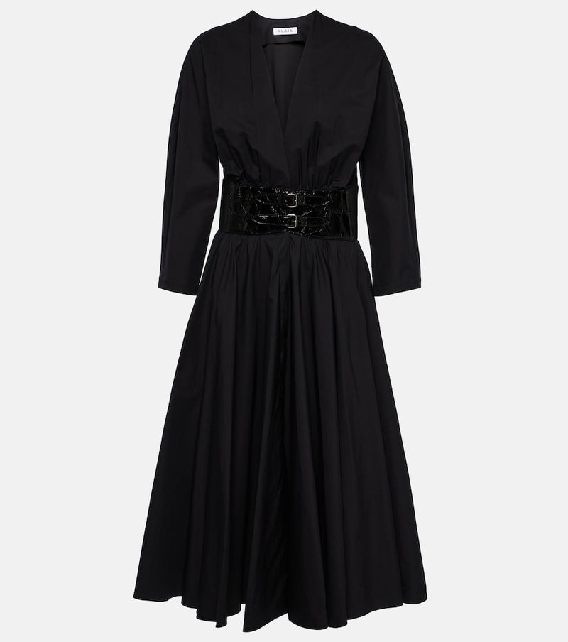 Alaia Leather-trimmed cotton midi dress