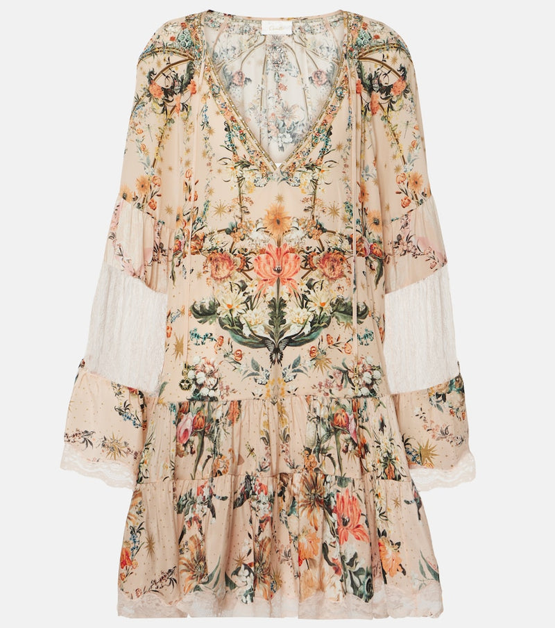 Camilla Embellished floral silk crepe minidress