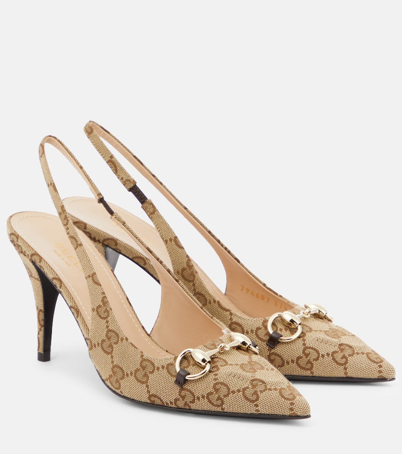 Gucci Horsebit GG Canvas slingback pumps in Beige Ebony