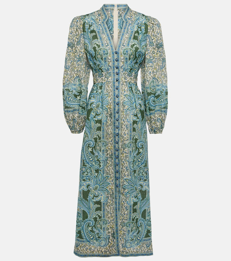 Zimmermann Ottie Plunge paisley linen midi dress in Green Paisley