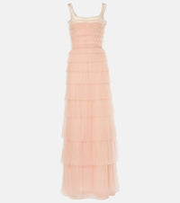 Costarellos Kali embellished plisse tiered gown