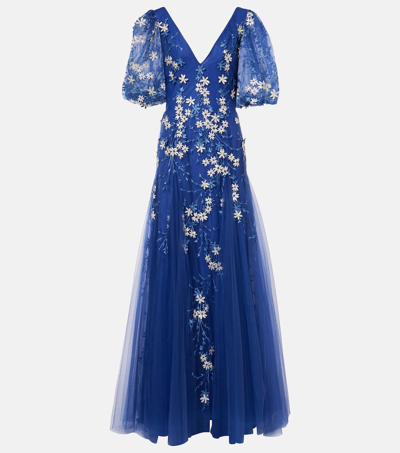 Costarellos Floral-applique tulle gown