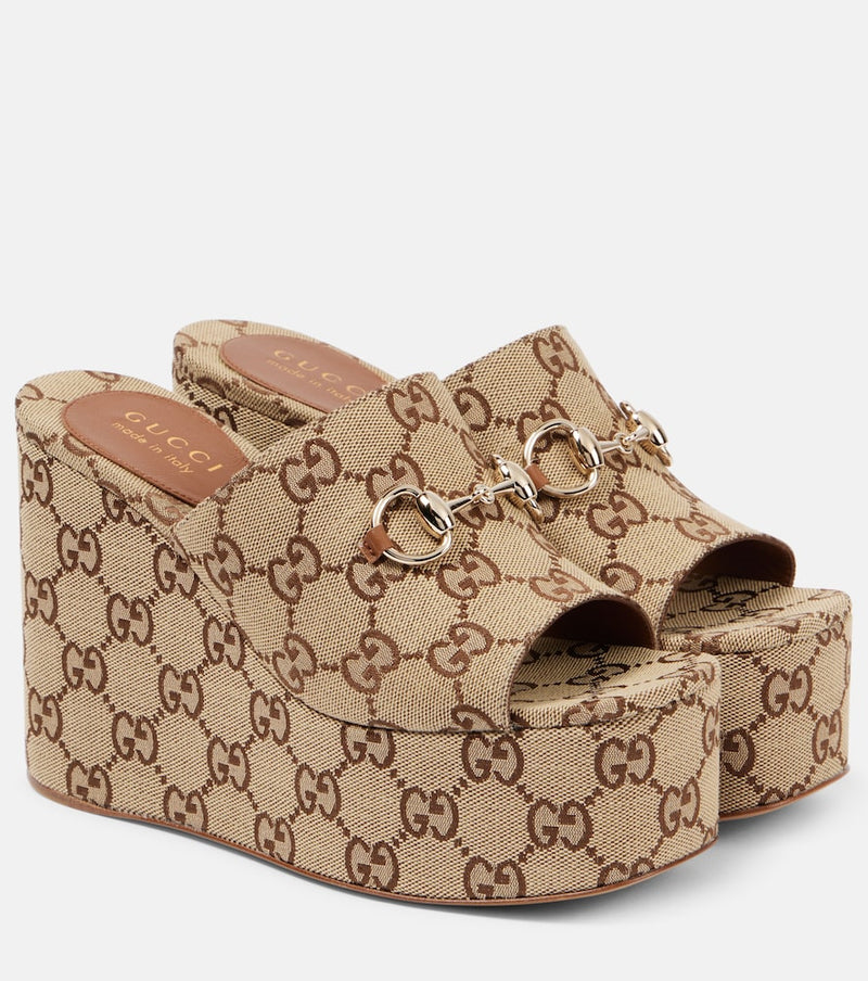 Gucci Horsebit GG Canvas wedge mules