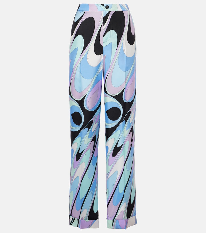 Pucci Printed silk twill wide-leg pants in Blue