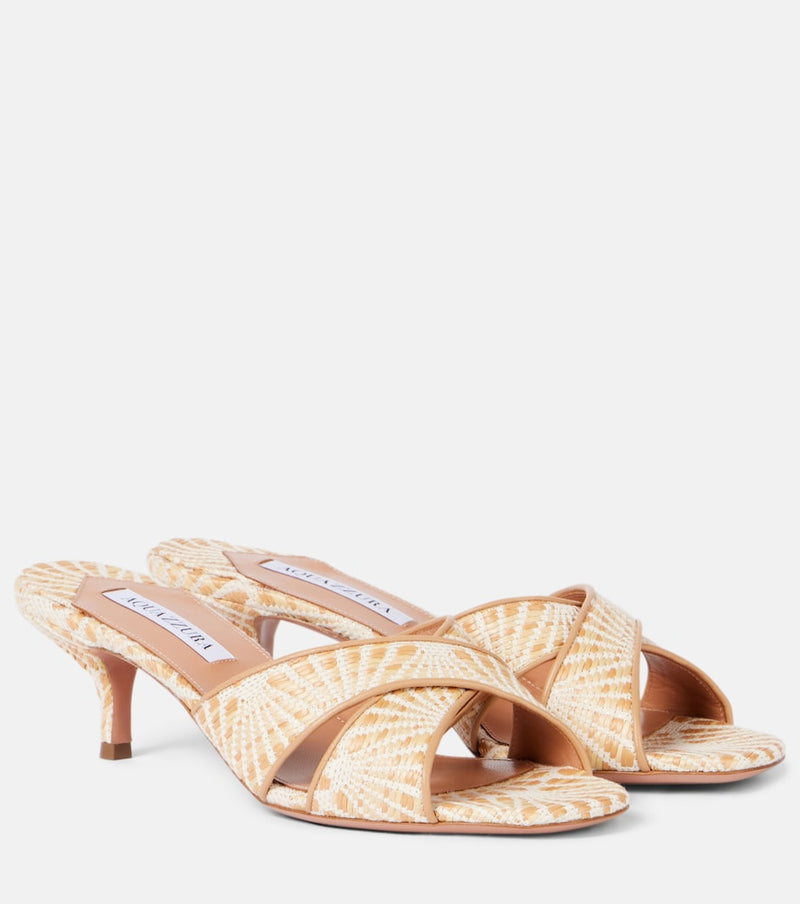 Aquazzura Divine 50 leather-trimmed raffia mules