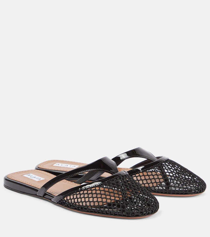 Alaia Infradito fishnet leather-trimmed mules