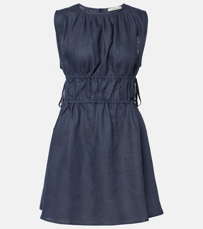 Asceno Como gathered linen minidress in Ocean Navy
