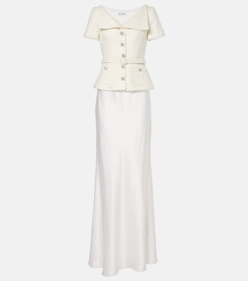 Self-Portrait Bridal peplum satin and boucle maxi dress