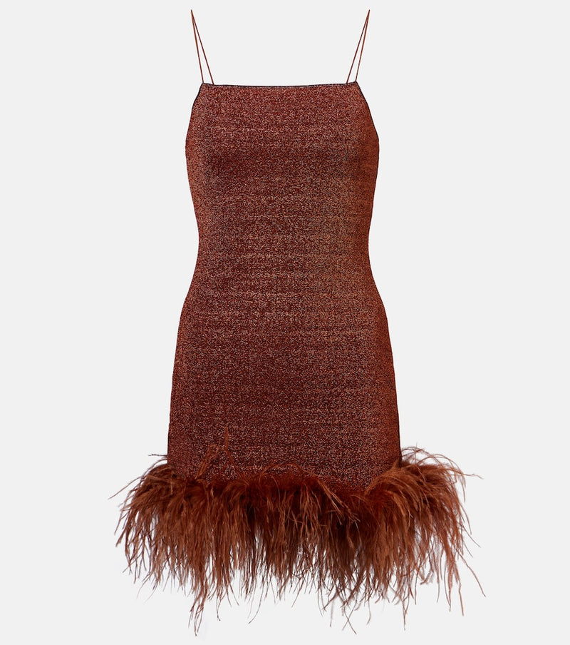 Oséree Lumiere Plumage feather-trimmed minidress in Brown