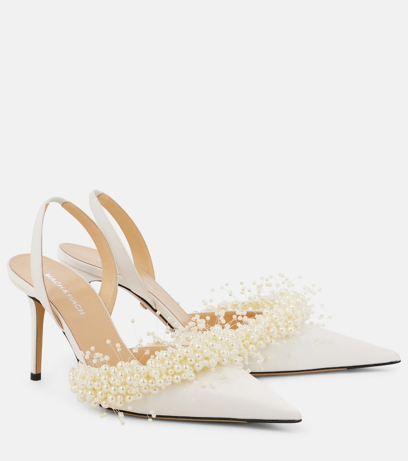 Mach & Mach Floating Pearl 85 satin slingback pumps