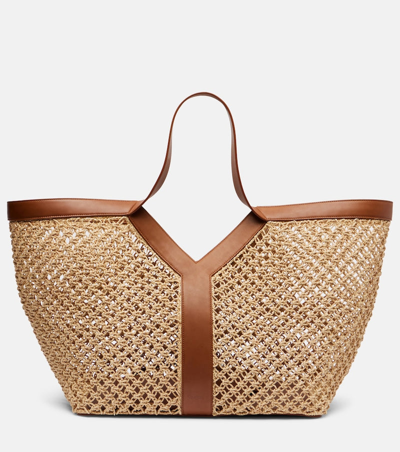 Saint Laurent Y leather-trimmed raffia tote bag