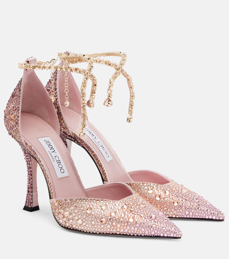Jimmy Choo Stevie 100 crystal-embellished satin pumps in Pink