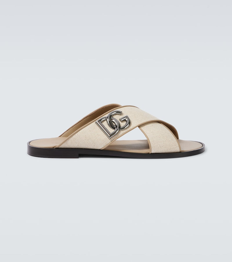 Dolce & Gabbana DG leather-trimmed canvas slides in Beige
