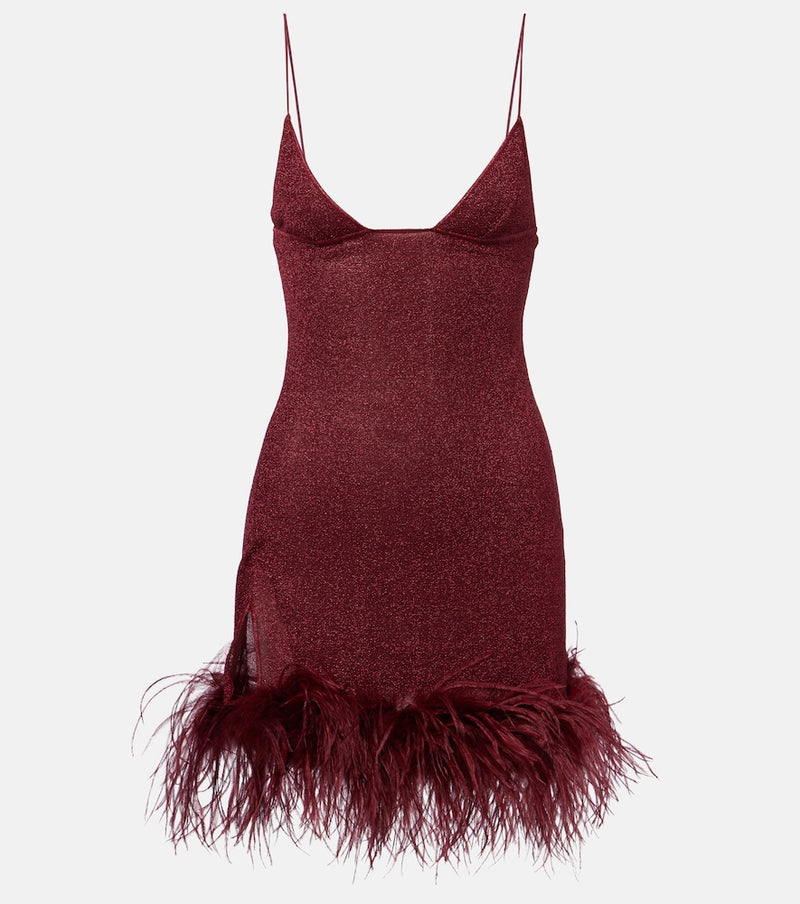 Oséree Lumiere feather-trimmed minidress in Burgundy