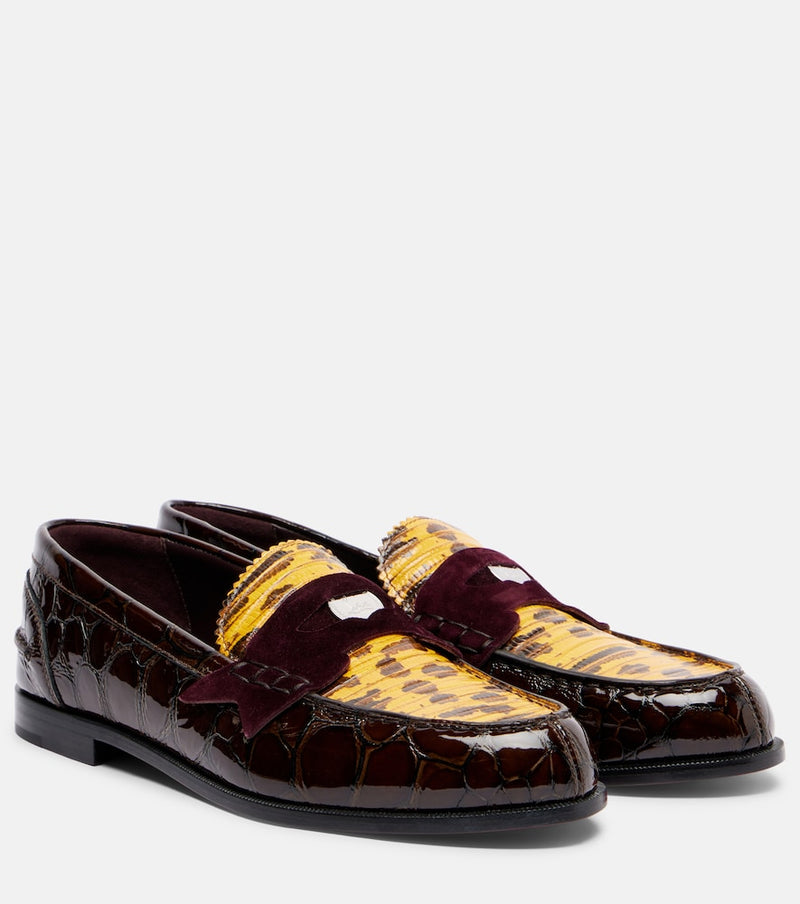 Christian Louboutin Penny croc-effect leather penny loafers in Brown