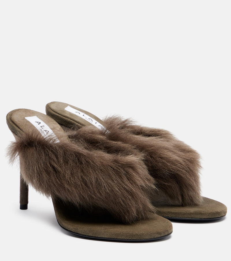 Alaia 90 shearling-trimmed thong sandals
