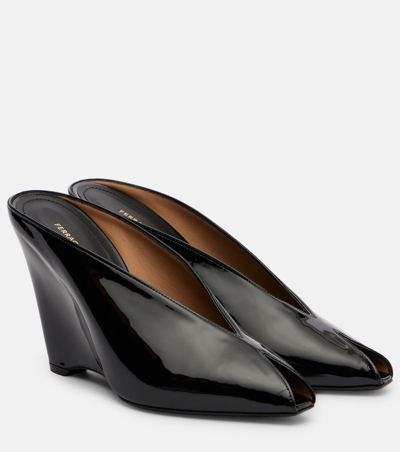 Ferragamo Alicia 95 patent leather wedge mules