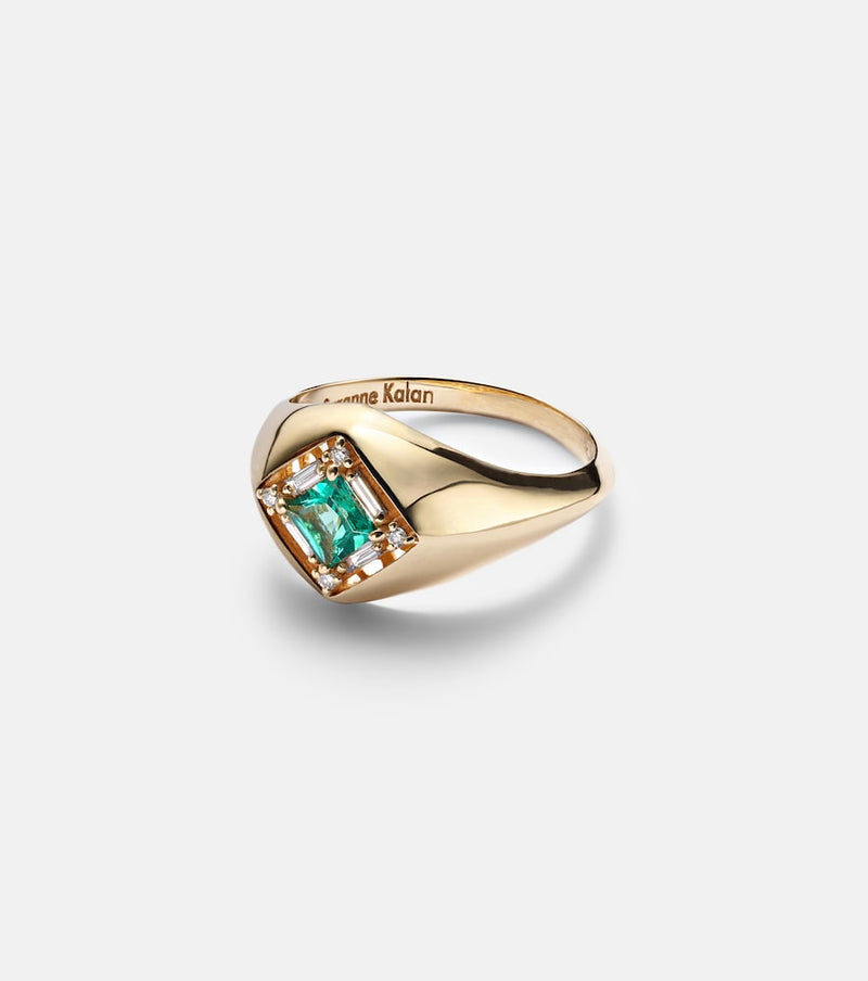 Suzanne Kalan Signet Mini 18kt gold ring with emerald and diamonds