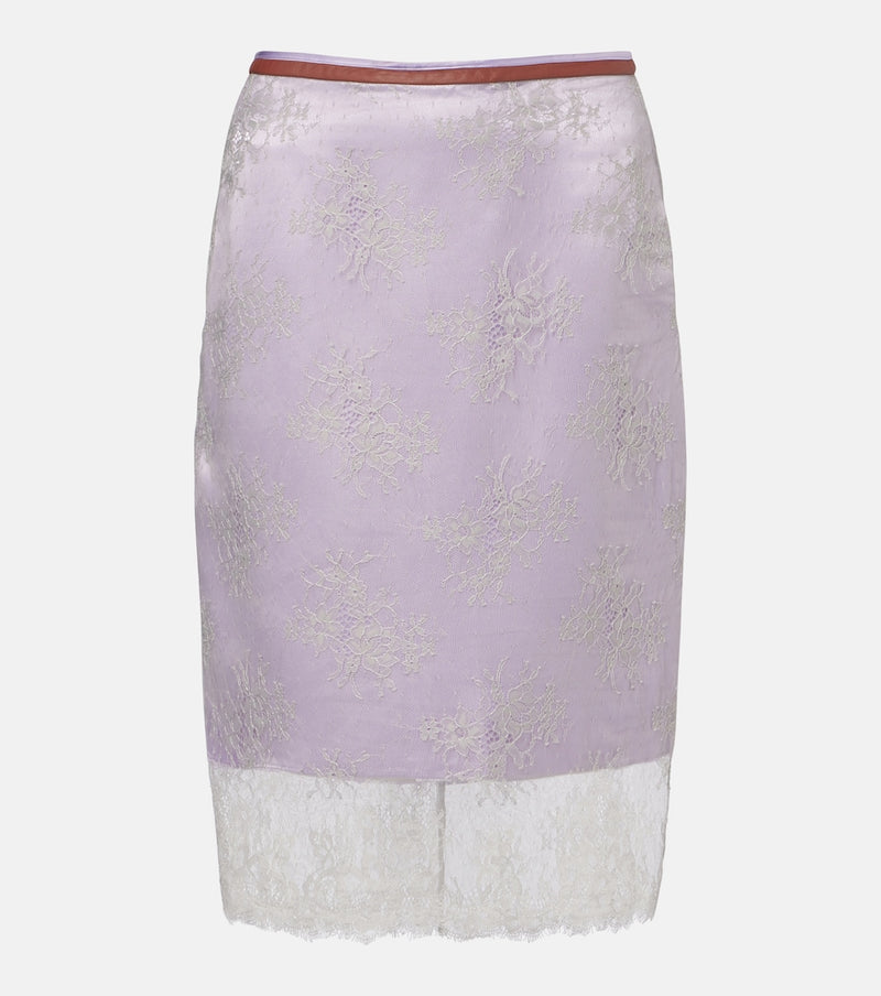 Jacques Wei Embroidered leather-trimmed lace midi skirt