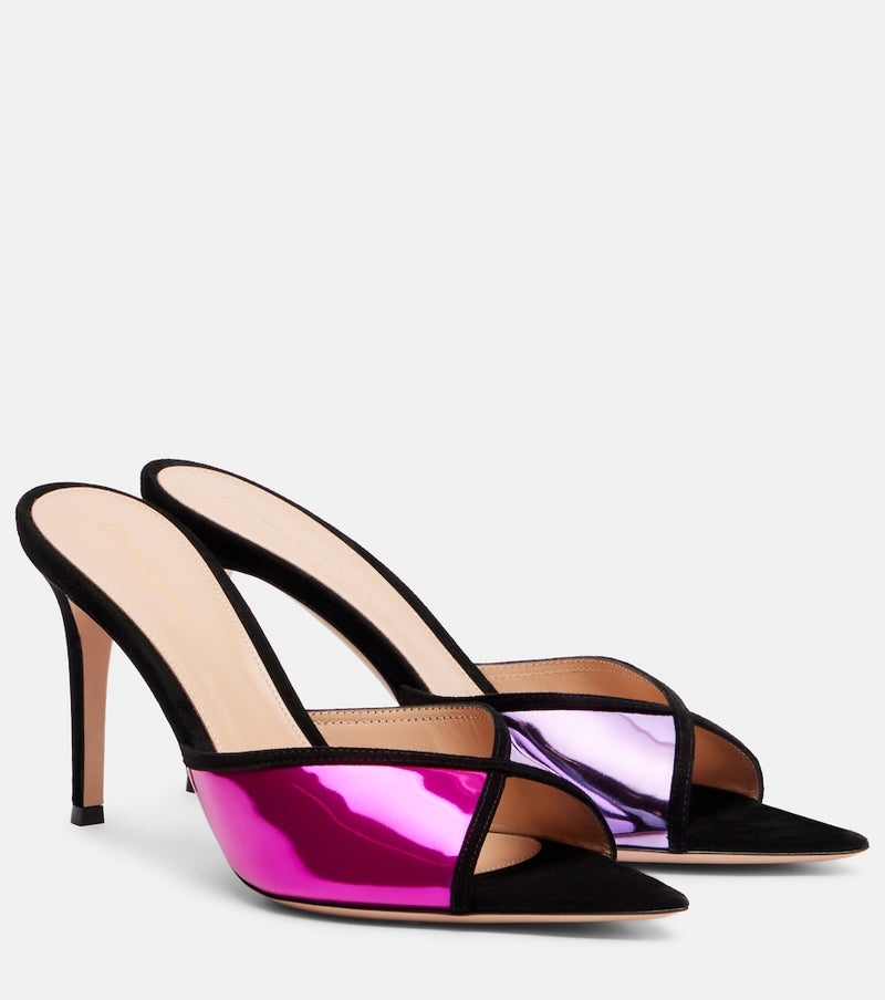 Gianvito Rossi Confetti suede-trimmed metallic leather mules