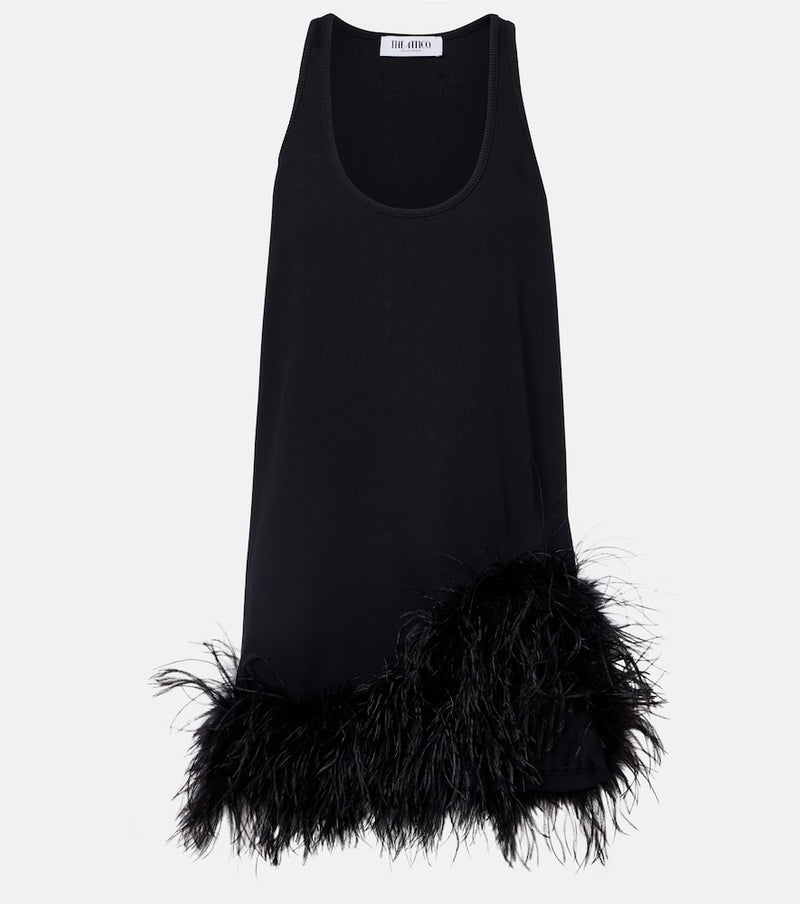 The Attico Ribbed-knit feather-trimmed cotton minidress