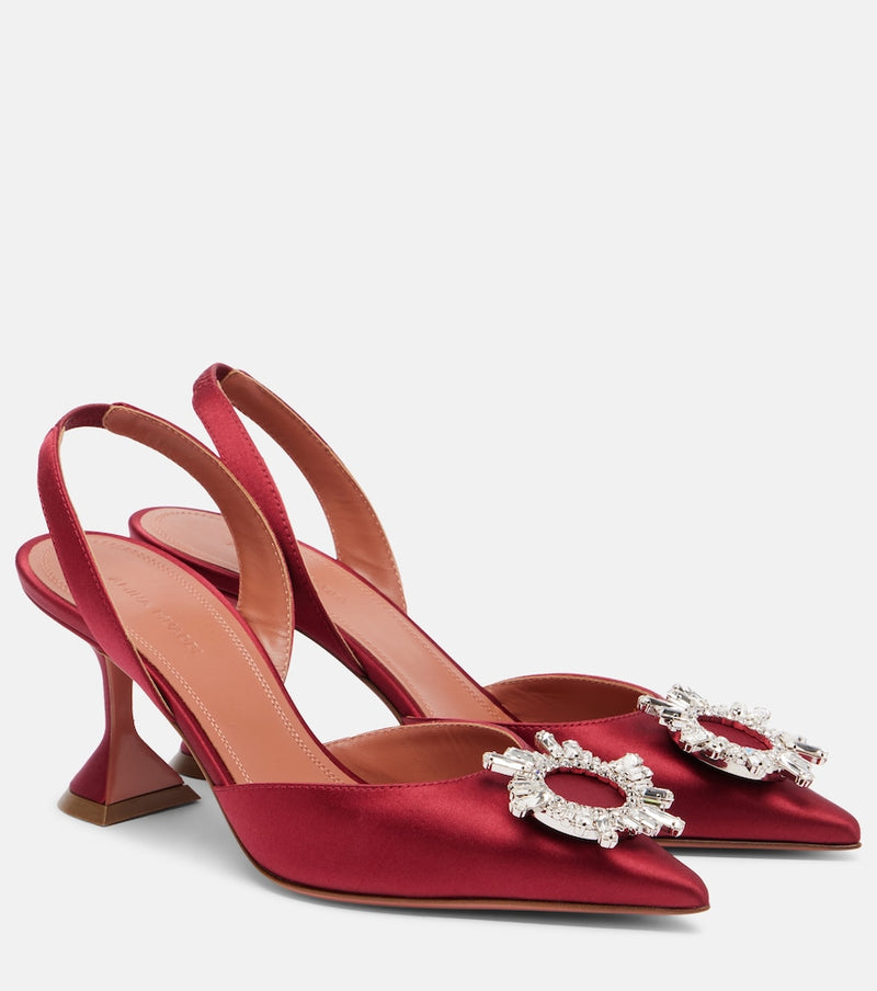 Amina Muaddi Begum 70 embellished satin slingback pumps in Red