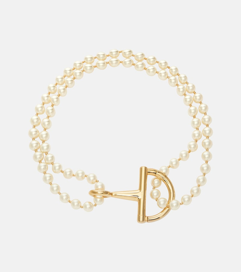 Gucci Half Horsebit faux pearl necklace in Gold