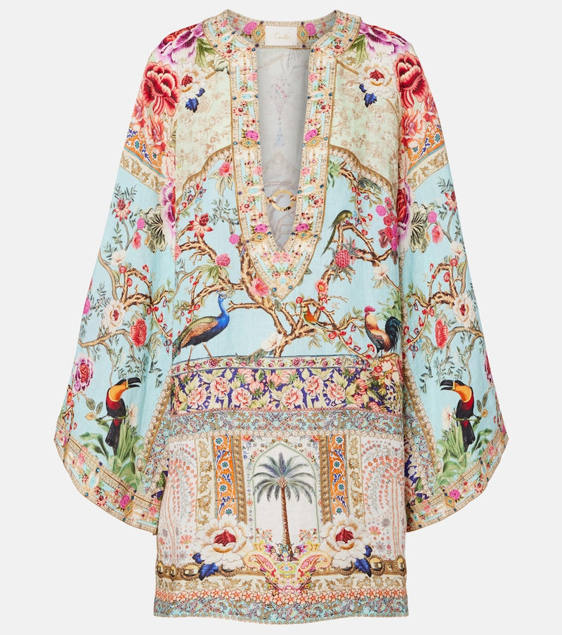Camilla Embellished printed ring-detail linen kaftan