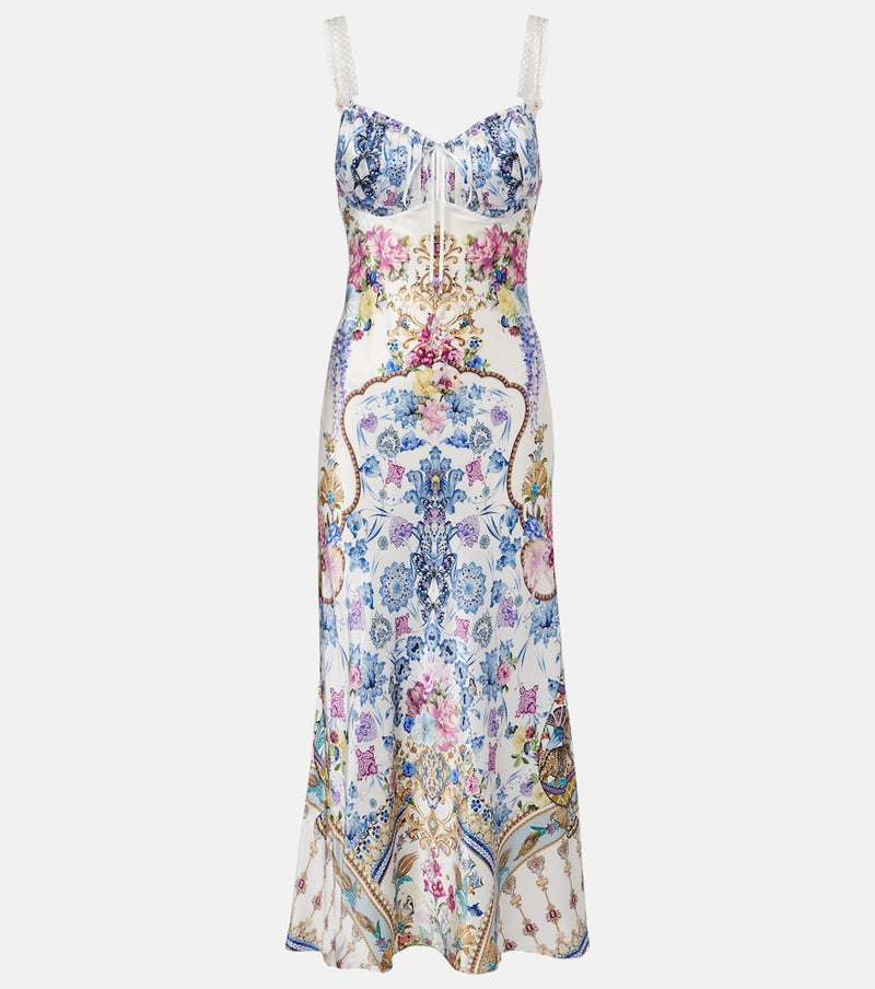Camilla Embellished printed silk satin midi dress