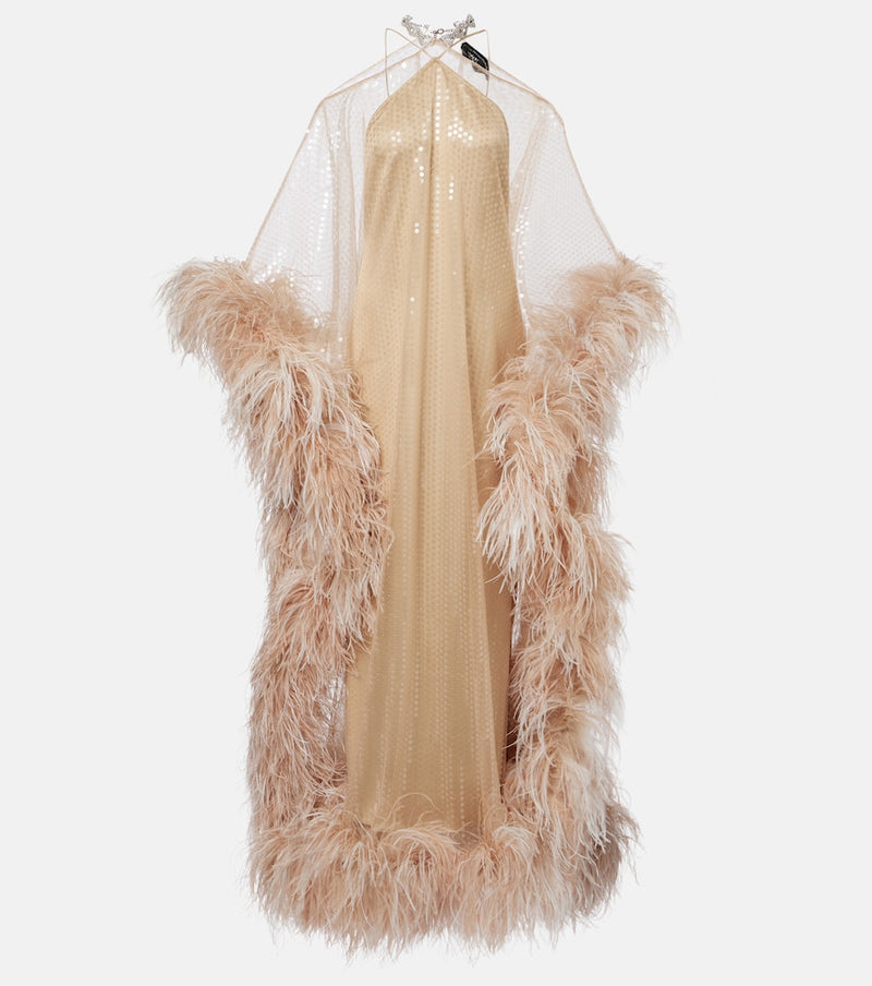Taller Marmo Sza Sza Disco feather-trimmed kaftan in Cipria