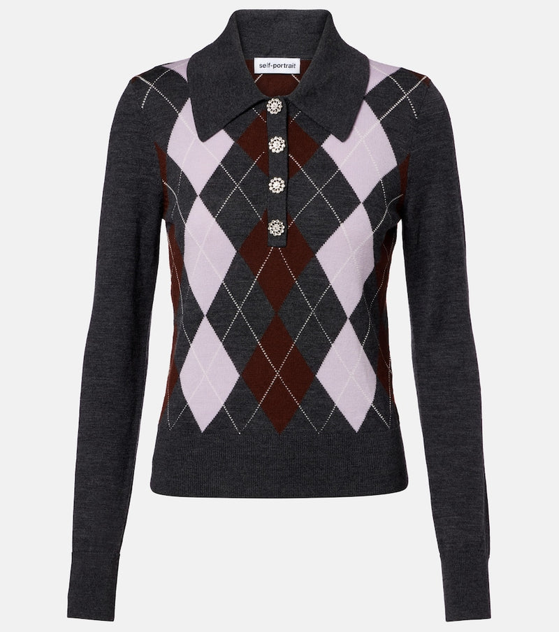 Self-Portrait Argyle wool polo sweater
