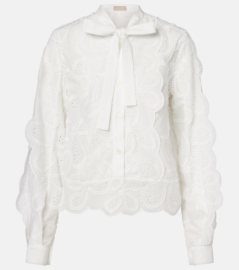 Elie Saab Embroidered tie-neck blouse in Off White