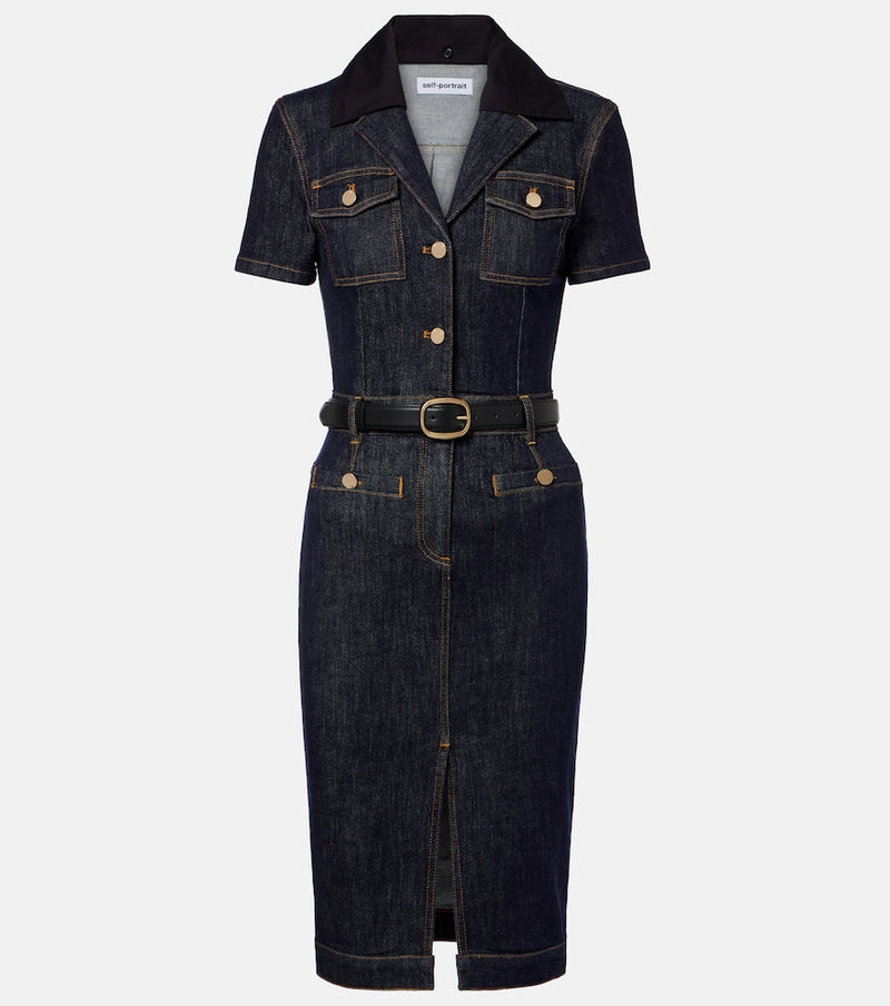 Self-Portrait Belted denim midi dress