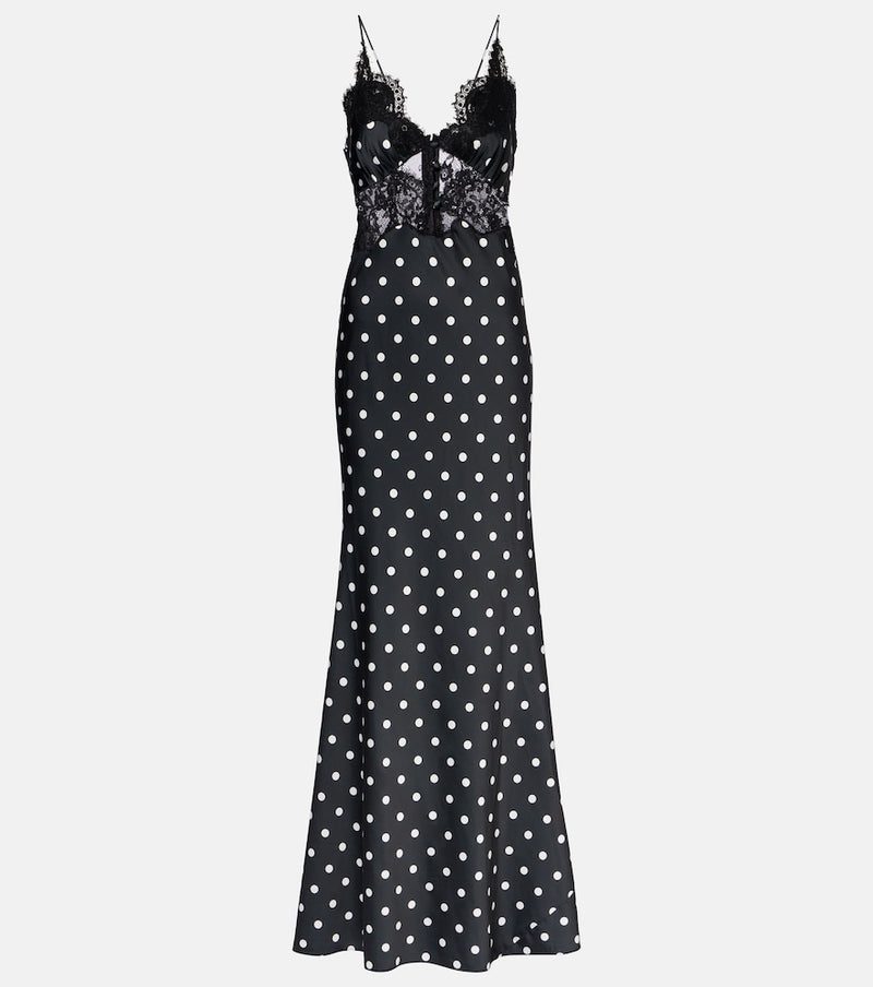 Self-Portrait Polka-dot lace-trimmed satin gown