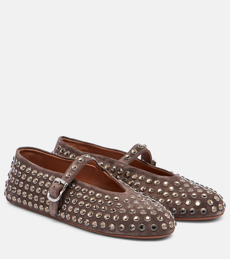 Alaia Embellished suede Mary Jane flats