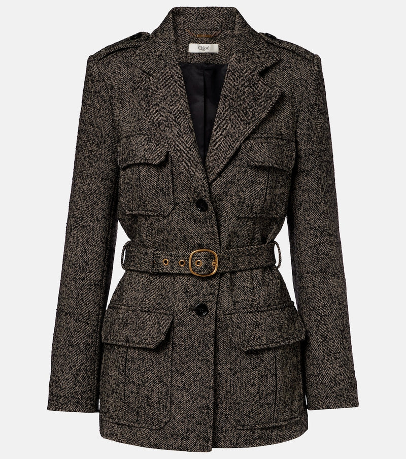 Chloe Belted herringbone wool-blend coat