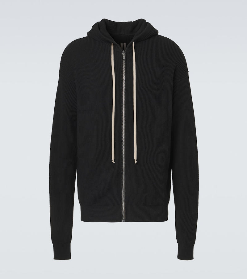 Rick Owens Ribbed-knit virgin wool hoodie in Black