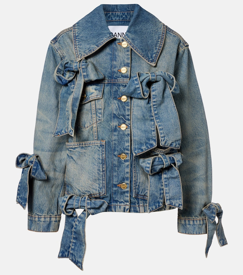 Ganni Bow-detail denim jacket in Mid Blue Vintega