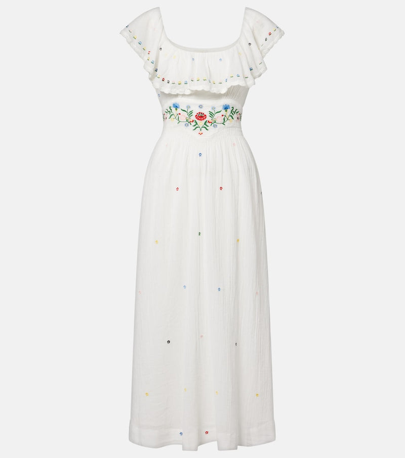 Rixo Ebony embroidered cotton midi dress in Petunia Embroidery Ivory