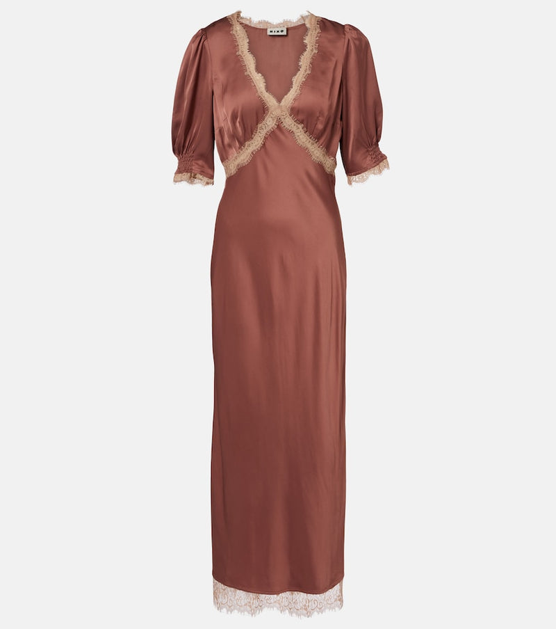 Rixo Annina lace-trimmed satin maxi dress in Mocha