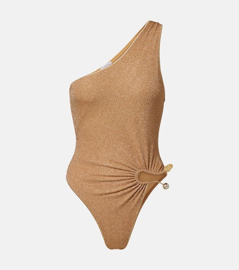 Oseree Embellished one-shoulder lame swimsuit