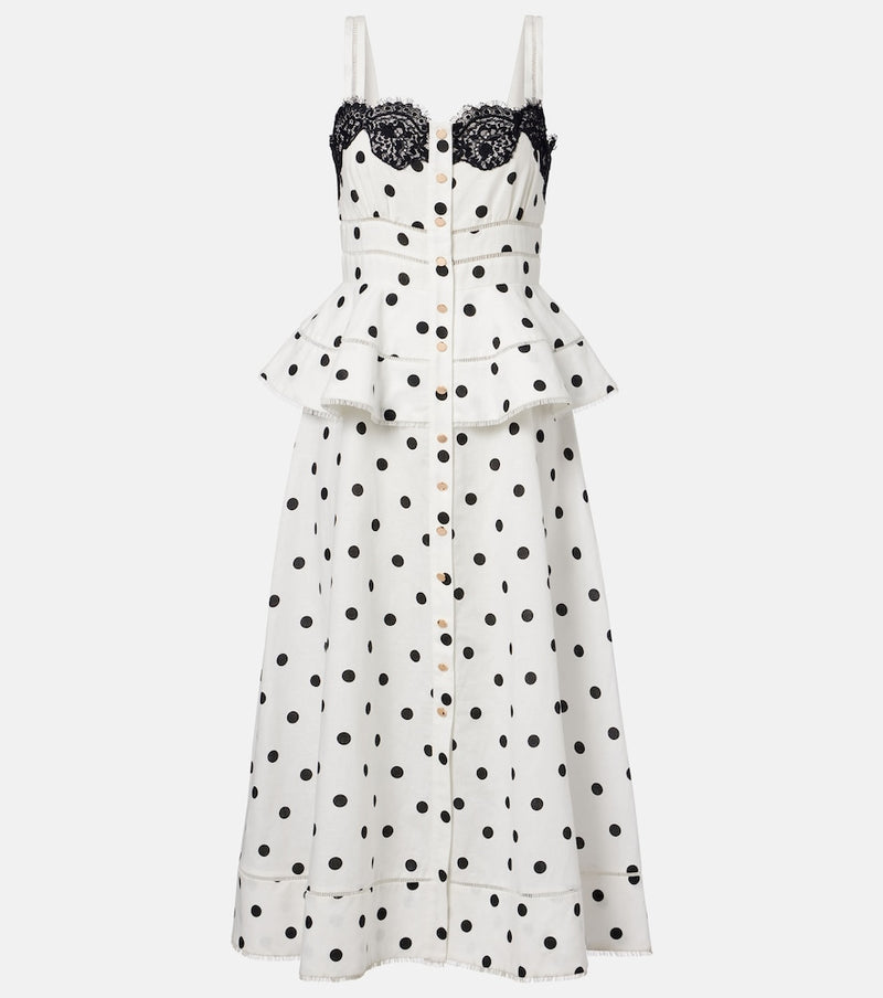 Self-Portrait Polka-dot linen and cotton midi dress