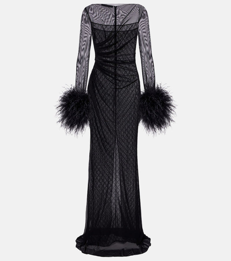 Gucci GG feather-trimmed sheer gown