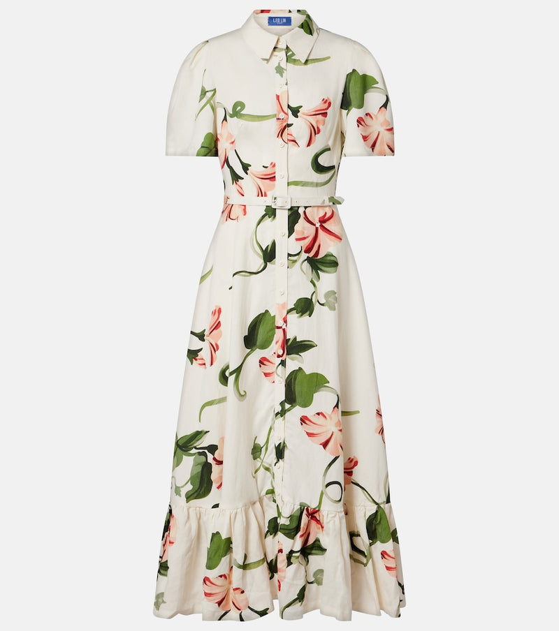 Leo Lin Becca belted floral linen-blend shirt dress in Vine Print In Snow