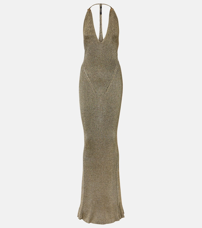 Roberto Cavalli Ribbed-knit lame maxi dress