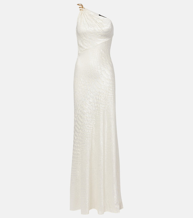 Roberto Cavalli Snake-print one-shoulder gown in White