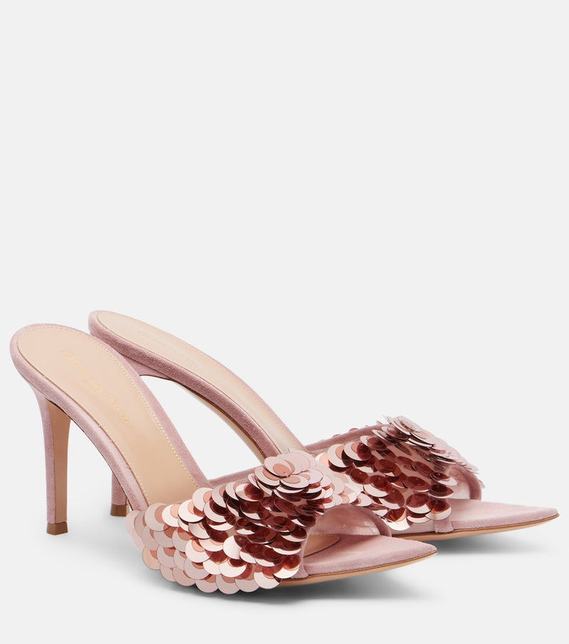Gianvito Rossi Elle sequined suede-trimmed mesh mules